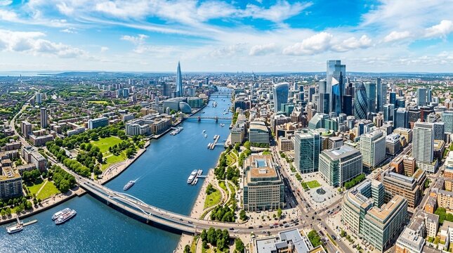 Aerial View of London Skyline with River Thames and Modern Skyscrapers