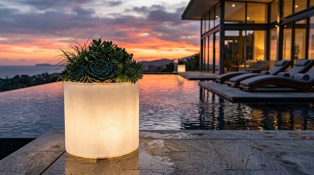 Illuminated Modern Planter with Succulents by Infinity Pool at Sunset