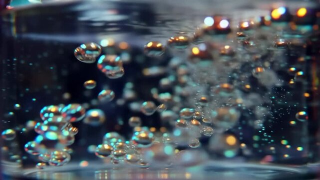 Macro close up of colorful iridescent bubbles rising and dissipating in clear liquid