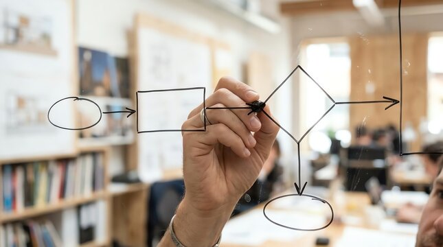 Hand drawing a strategic business process flowchart on a transparent glass board, visualizing planning, workflow, and problem-solving in a modern office environment