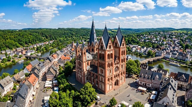 Aerial View of Limburg Cathedral and Lahn River in Germany