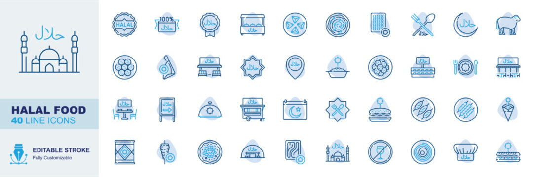 Halal food editable stroke line icons set. halal badge, mosque, kebab, lamb vector illustration