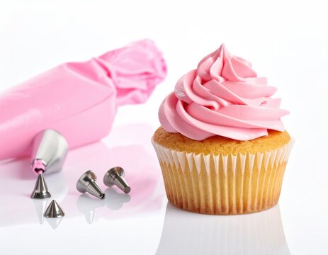 Sweet cupcake with pink frosting, piping bag, and metal tips on white