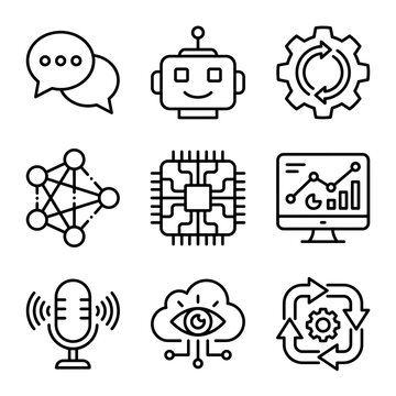 AI technology line icons set. Digital machine learning and artificial intelligence symbols.