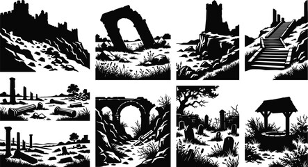 Naklejka premium Black and White Ancient Ruins Silhouette Illustrations of Castles, Arches, Columns, and Graveyards
