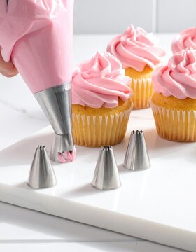 Pink frosting piped onto cupcakes with decorative tips and tools