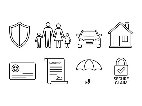 Insurance policy protection icons set. Financial security symbols for home and family.