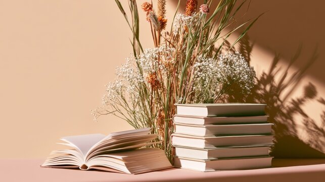 Open book surrounded by potted plants and stacks of books on a soft pastel surface, highlighting a serene and cozy reading environment