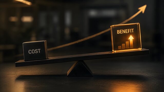 Dark balance scale weighing a cost block against a glowing golden benefit block with a rising bar chart symbolizing financial growth and high return on investment