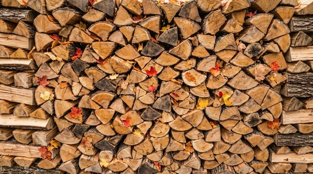 Rustic firewood stack with autumn leaves, seasoned split logs for winter heating, natural wood pile texture for cozy cabin background