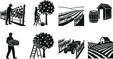 Fototapeta premium Black and White Farming and Harvesting Silhouette Icons of Rural Agriculture Scenes