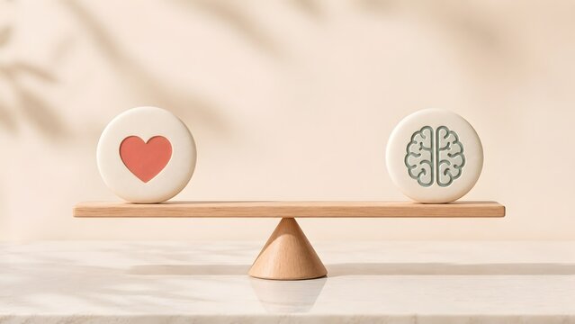 Wooden seesaw balancing a heart and a brain symbol representing the equilibrium between emotion and logic.
