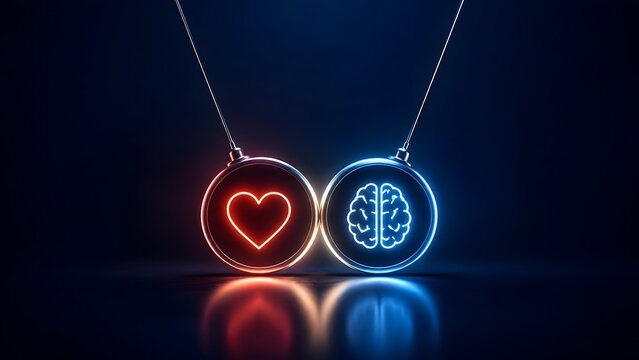 Hanging glowing spheres with red heart and blue brain colliding representing the conflict of emotion and logic