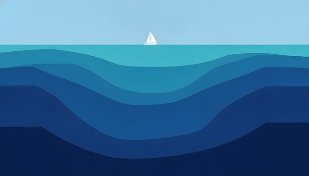 A blue and white abstract landscape with a sail