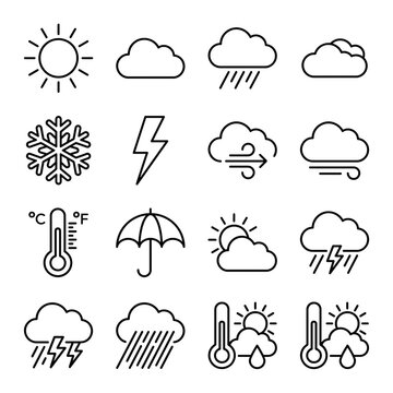 Weather icons set in minimal line style. Isolated climate symbols for forecast apps.