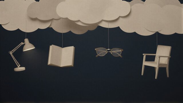 Paper cutout items hang beneath clouds: lamp, book, glasses, chair.