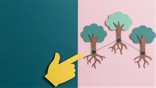 Hand points to connected paper trees on split-color background.