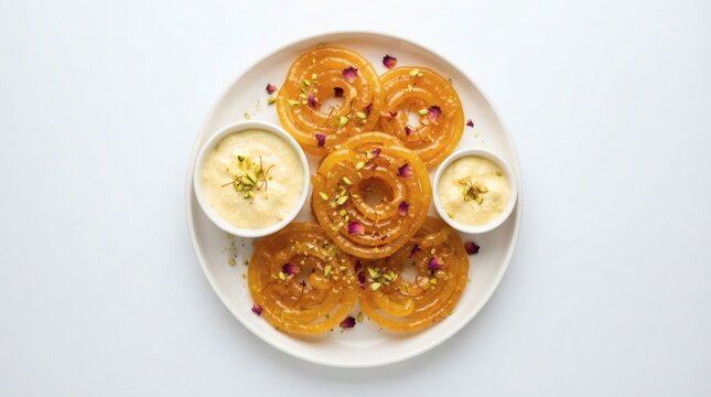 Top Down Vibrant Golden Orange Jalebi Spirals Sugar Syrup Pistachios Saffron Rabri

