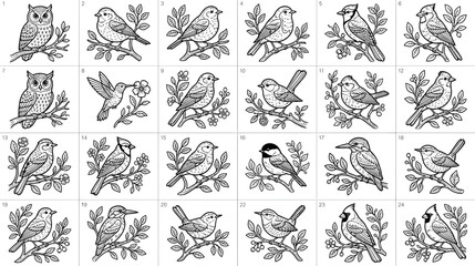 Collection of Hand-Drawn Birds on Branches, Vintage Sketch Style © oka
