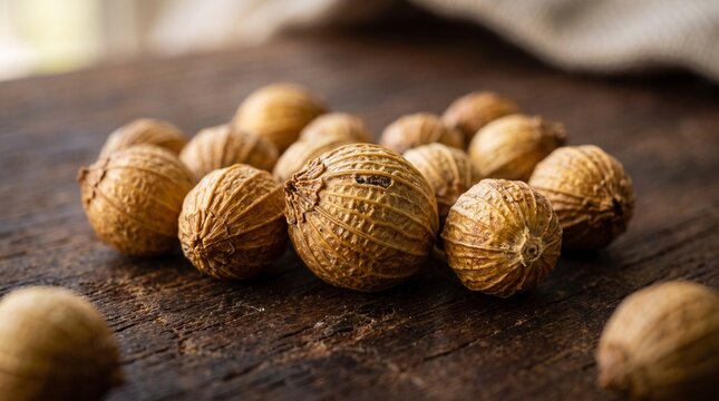 Macro photography of dried coriander seeds on a rustic wooden surface
