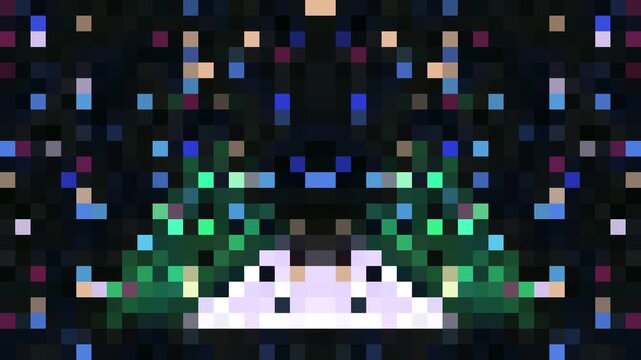Symmetric pixel art background with neon green trees and white mountain peak suitable for digital design, gaming, or background use.
