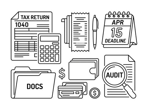 Tax preparation and filing icons. Financial accounting elements for annual income reports.