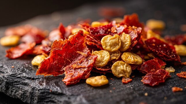 Close-up macro shot of dried crushed red pepper flakes and seeds on dark slate
