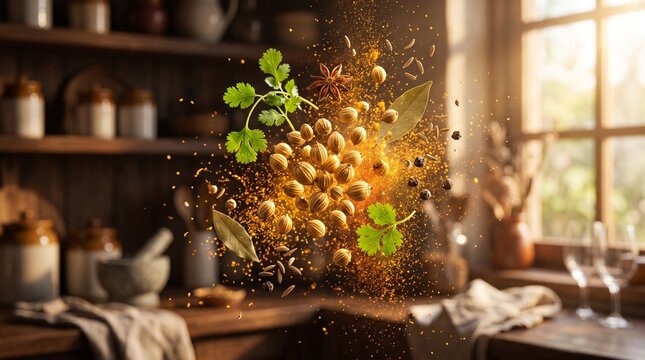 Explosion of coriander seeds and herbs with spices in a rustic kitchen setting