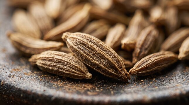 Macro photography of cumin seeds showing intricate texture and detail