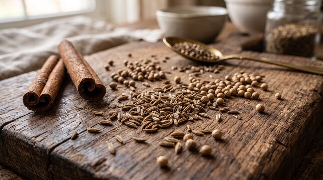 Whole spices including cinnamon sticks and coriander seeds scattered on a rustic wooden board