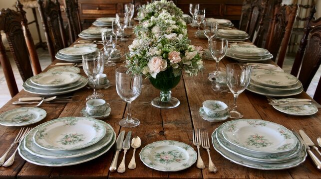 Elegant dining table set for a special occasion, adorned with floral centerpiece, vintage china, glassware, and polished silverware in a classic setting