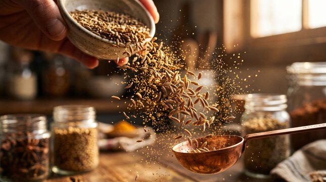 Pouring cumin seeds from a bowl into a copper measuring spoon