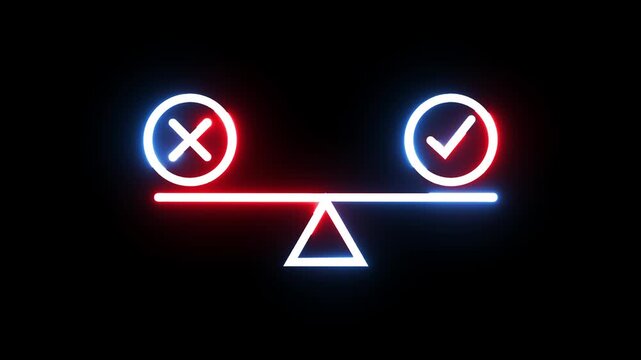 Neon glowing balance scale showing choice between right and wrong as animated light loop.