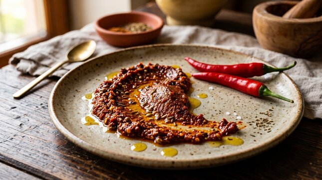 Spicy harissa paste with chili peppers and olive oil on a rustic plate