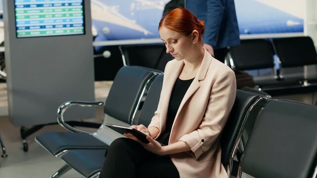 A modern businesswoman works on a laptop beside her suitcase in an airport departure area, preparing near the gate for an international corporate flight and a business summit abroad.