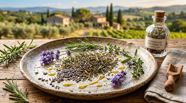 Herbes de Provence blend with fresh herbs and olive oil on a rustic plate