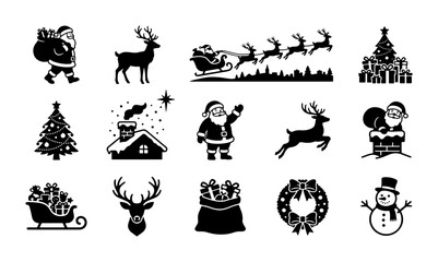 Christmas silhouette icon set with 15 black vector elements, Santa Claus and reindeer holiday graphics, festive winter season clip art for cards © Asset Aura