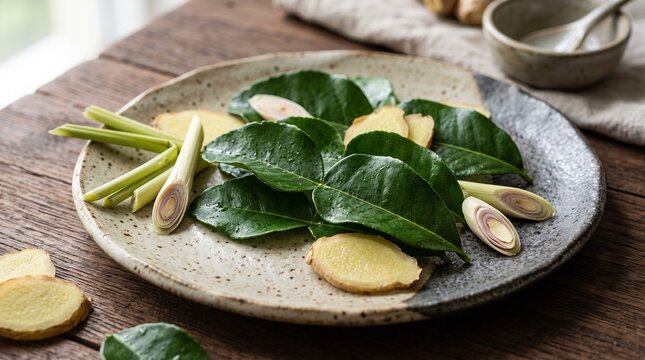 Kaffir lime leaves, lemongrass, and ginger slices arranged on a rustic plate