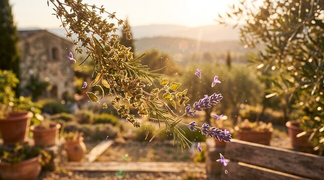 Herbs of Provence blend floating in golden hour sunlight over a rustic villa garden