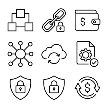 Blockchain technology icon set. Digital finance and cybersecurity line art symbols.