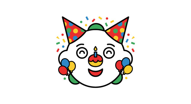 Smiling clown face sticker with party hat.