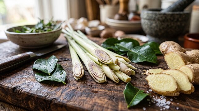 Fresh lemongrass stalks and ginger root prepared for cooking on a rustic wooden board