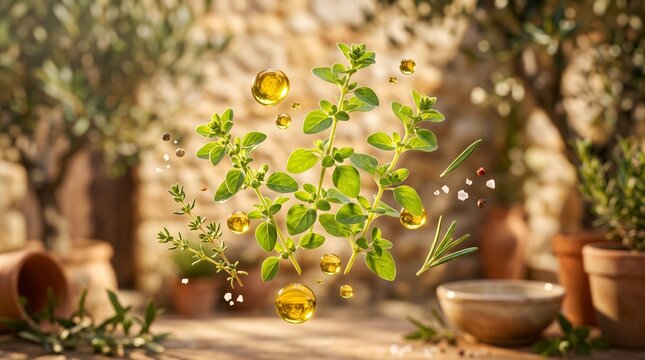 Fresh marjoram sprigs with olive oil droplets and herbs in a rustic setting