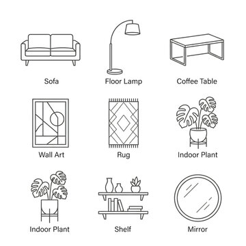 Furniture and interior decor icons. Linear home furnishing symbols for design projects.
