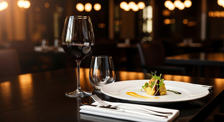 Fototapeta premium Elegant restaurant table setting with gourmet food and red wine