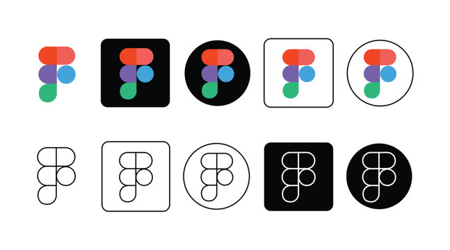 Colourful and outline variants of the Figma app logo icon set circular, square, black, and white assortment