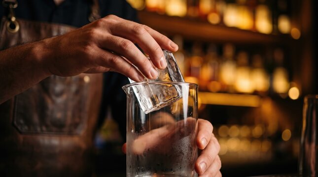 Hand adds ice to drink glass
