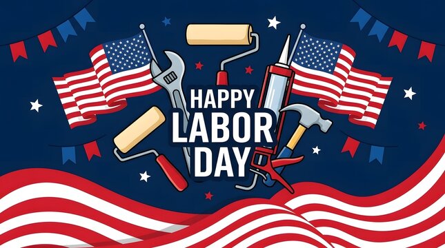 Labor Day promo banner featuring flat design tools such as wrench, hammer, and roller brush with an American flag wavy bottom border.