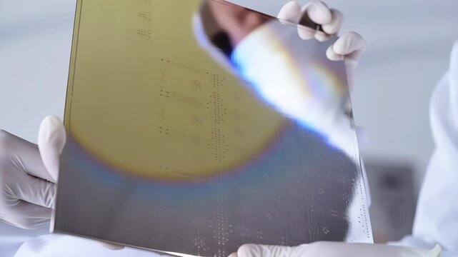 Gloved hands hold a mirror-smooth 300mm silicon wafer, its etched chip patterns catching cleanroom light in an iridescent diffraction