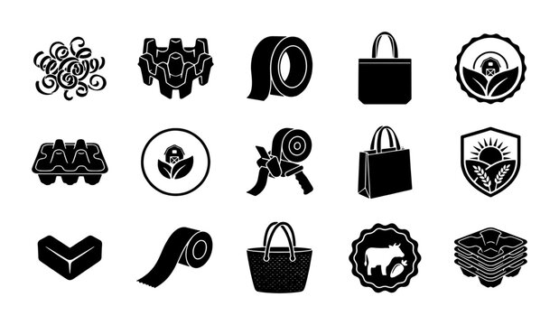 Eco-friendly packaging and sustainable shipping icons, 15 black solid vector elements, biodegradable materials and recycling symbols for retail